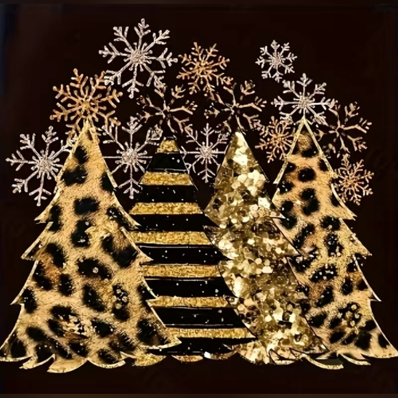 Christmas Holiday Tee Black/Gold Tree Animal Print Sparkle Soft Various Sizes - Picture 2 of 3